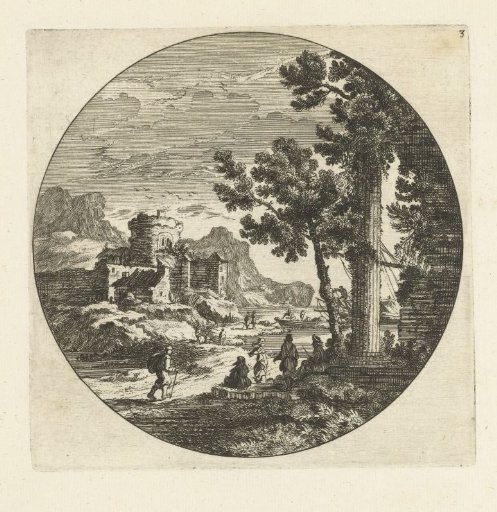 Southern landscape with figures at a harbour on a rocky coast with a round frame