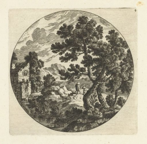 Southern landscape with trees and figures on a road near a ruined house in a round frame