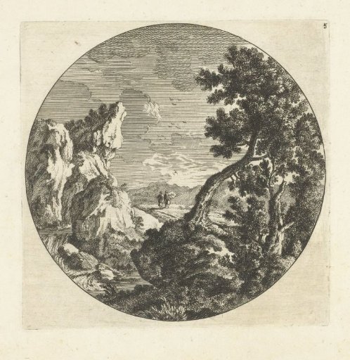 Southern mountain landscape with travellers on the road in a round frame