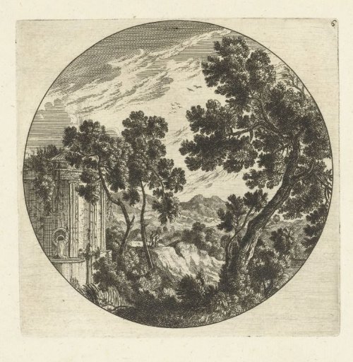 Southern mountain landscape with trees and a spring in a round frame