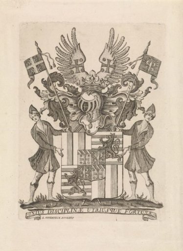Knight's coat of arms with motto: Unius disciplinae utriusque fortunae