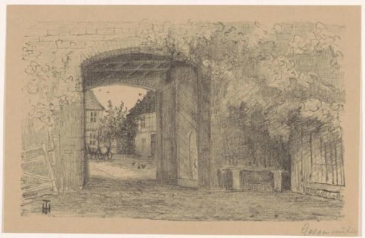 View through the gate of the Galgenmühle in Pfungstadt