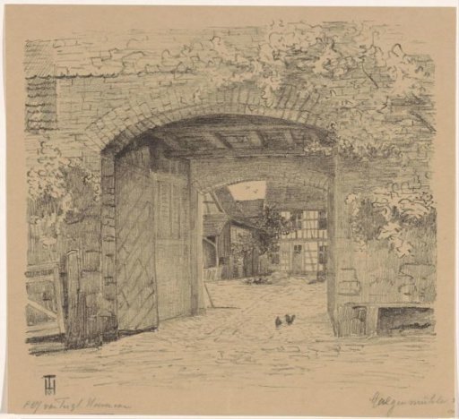 View through the gate of the Galgenmühle in Pfungstadt