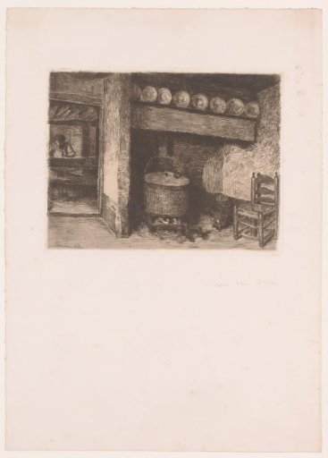 Kitchen interior with a man sitting at a loom on the left