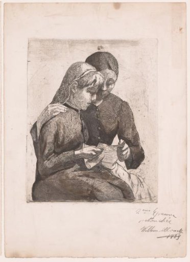 Two seated women reading a letter together