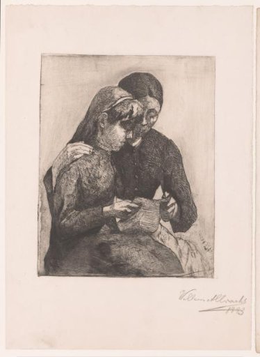 Two seated women reading a letter together