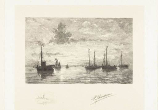 Fishing vessels at sea at sunrise