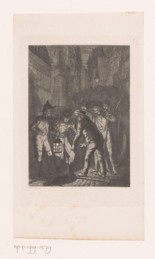 Night scene in which a man points out a spot on the ground to the gendarmes