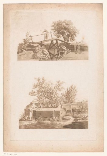 Old Woman on a Bridge and a Girl Filling a Watering Can