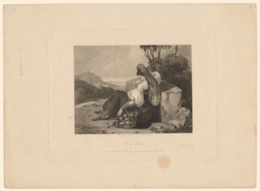 Sleeping woman by a rock, with a fruit basket beside her