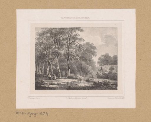 Forest landscape with a house along a stream