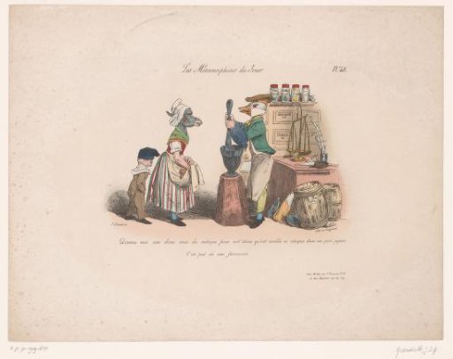 She-donkey ordering from a duck in a grocer's shop