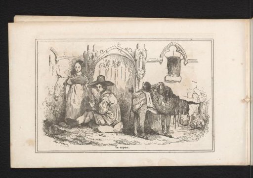 Resting man, woman and donkey in front of a church
