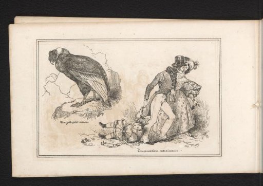 Seated vulture and a man dragging a child behind him