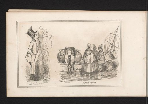 Man reading a poster and figures and a pack donkey by the sea