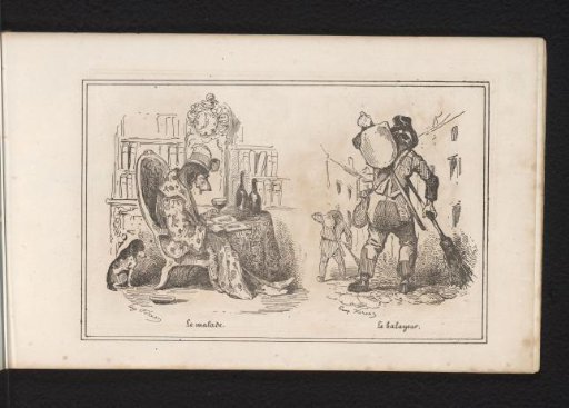 Sick dog in a chair and two street sweepers
