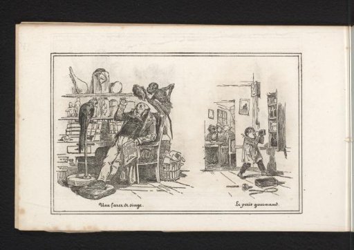 Monkey lifts the wig off a seated man and a child secretly drinks from a bottle