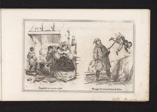 Children and a woman by a fireplace and a child scooped up by a hayfork