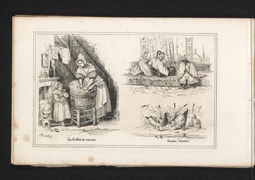 Child blowing soap bubbles, two men in Chinese costume and two ducks