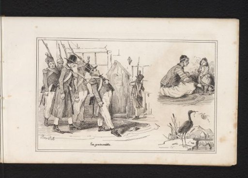 Soldiers on patrol, child at a water pipe and a stork