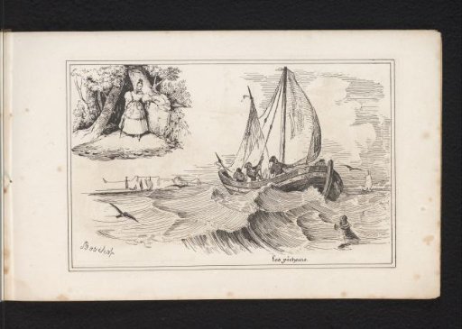 Forest landscape with woman and fishing boat at sea