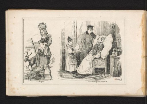 Woman with a goat and a sick woman in a chair