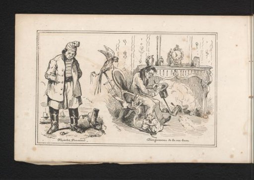 Sailor and seated man attacked by household pets