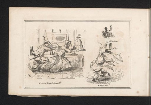 Two men serving a meal and a woman with billowing skirts