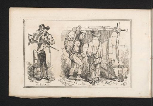 Man reading a newspaper and two masons