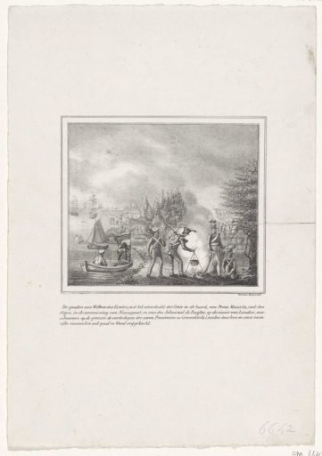 The spirits of William of Orange, Prince Maurice, and Michiel Adriaenszoon de Ruyter view the defenders of the Seven Provinces at the borders, 1831