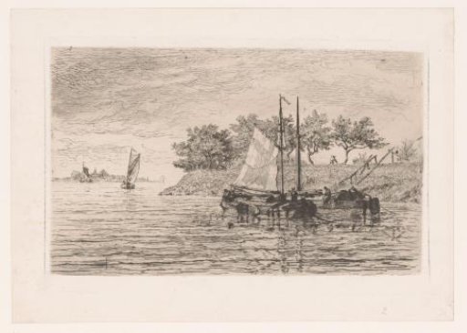 Sailing Boats on a River, a Man Mowing on the Dike