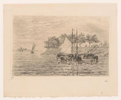 Sailing Boats on a River, a Man Mowing on the Dike