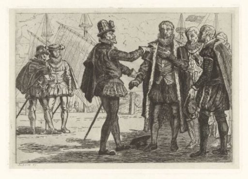 Consultation between noblemen on a quay, ca. 1560