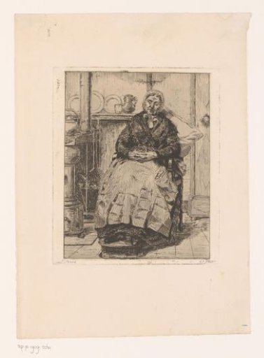 Old Lady Sitting Comfortably Beside the Stove in the Kitchen