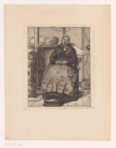 Old Lady Sitting Comfortably Beside the Stove in the Kitchen