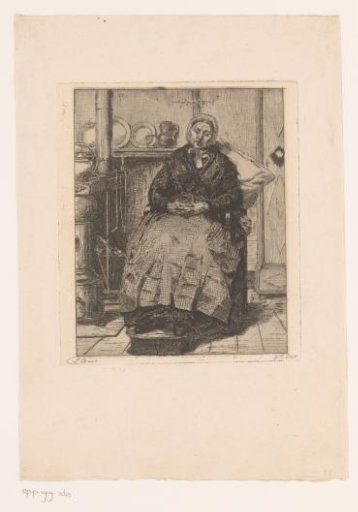 Old Lady Sitting Comfortably Beside the Stove in the Kitchen