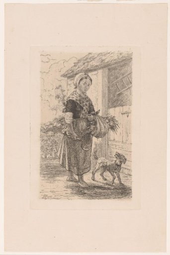 Peasant Woman with Sickle and Bundle of Grass Beside a Barn