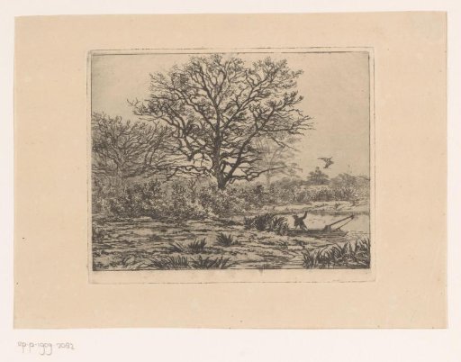 Forest Landscape with a Pond with a Man in a Small Boat, Above It a Heron Taking Flight