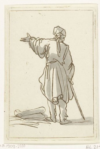 Man with a stick, seen from behind