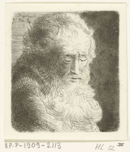 Old man with a beard, gaze directed downwards: three-quarter length, facing right