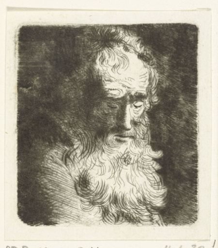 Old man with a beard, gaze directed downwards: three-quarter length, facing right