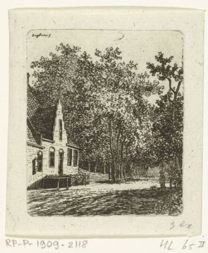 Walker with a dog in front of a house