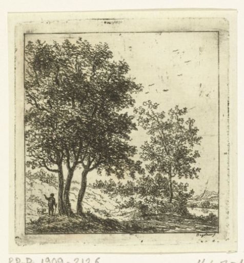 A man with a dog near a group of trees