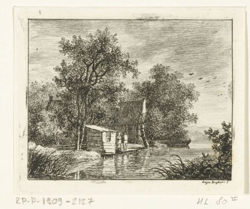 Two men by a boathouse