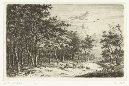 Landscape with shepherd and his flock at the edge of the forest