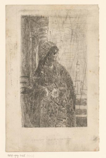 Woman on a balustrade with a mosque in the background