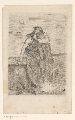 Woman leaning against a water well
