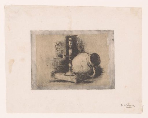 Still life with a jug and a candlestick on a book