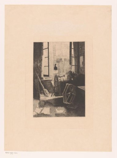 Woman at a spinning wheel by an open window