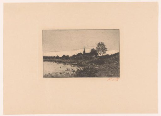 View of a lake at twilight, with a church tower in the background